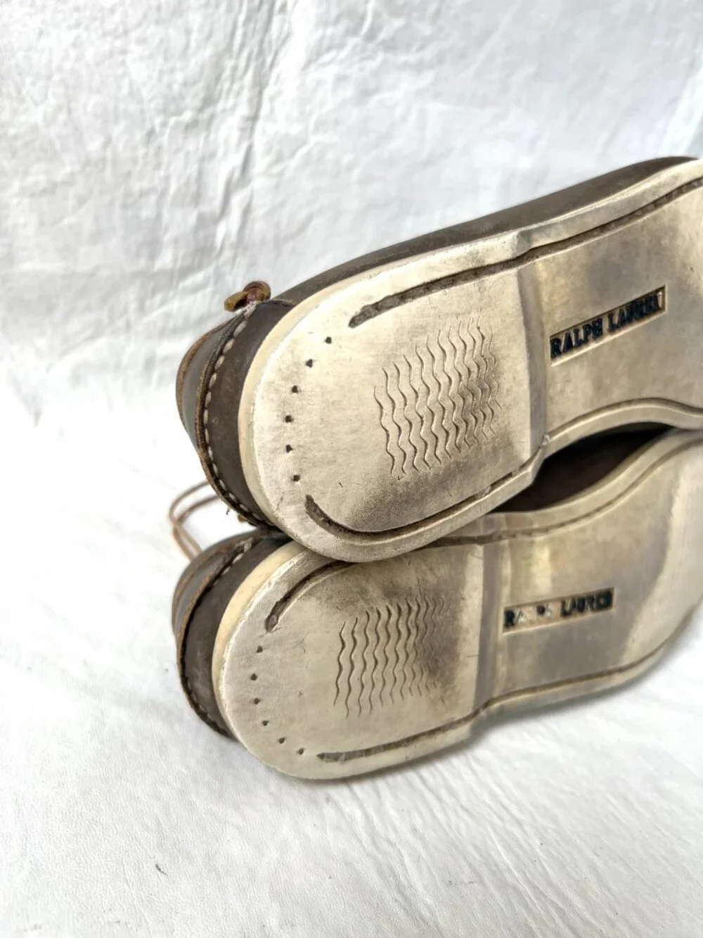 Ralph Lauren boat shoes taupe gray brown leather mens 11 D moc toe deck loafer
